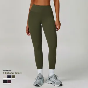 High waist army green yoga pants with tummy control and matte finish for outdoor fitness
