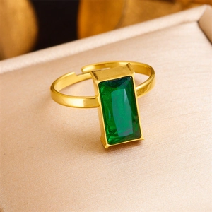Adjustable gold plated stainless steel ring with emerald green zircon gemstone