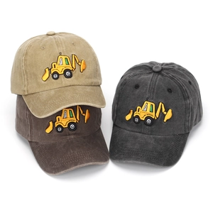 Washed cotton kids baseball caps with excavator embroidery in khaki, coffee, and grey