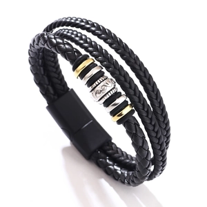 Multilayer braided black leather bracelet with gold and silver magnetic metal beads