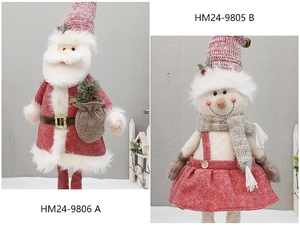 Detail of Christmas plush Santa with gift bag and Snowman in red felt dress decor