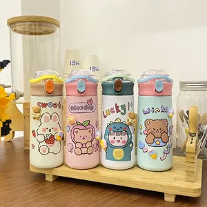 Cute cartoon 304 stainless steel straw thermos water bottle for students and kids