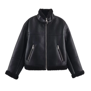 Women Faux Leather Fur Shearling Jacket Moto Biker Coat Faux Fur Lined Warm Winter Outerwear Casual Chic Black Streetwear
