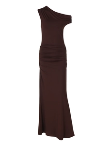 Detail view of brown one-shoulder dress with elegant ruched waist and slim fit design