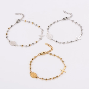 Three-piece stainless steel beaded bracelet set with cross and virgin Mary charms