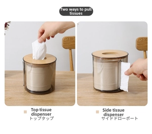 Macro detail of Nordic brown tissue box with wood lid and dual outlet dispenser
