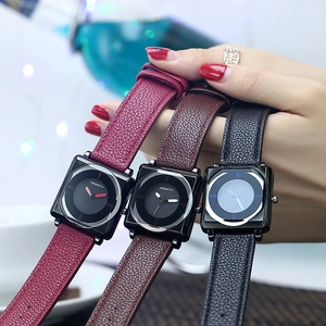 Three Rebirth minimalist square quartz watches with leather straps in red, brown and black