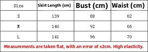 Detailed size chart for mid-length solid color dress with bust and waist measurements