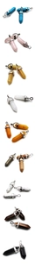 Close-up of hexagonal stone pendants with metal clasps in various natural crystal colors