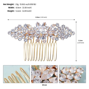 Detailed views of a gold zircon bridal hair comb with precise weight and size measurements