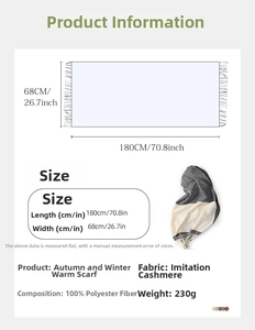 Size chart showing 180x68cm dimensions for the plaid tassel scarf in 100% polyester