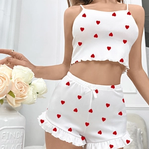 Women Pajama Cami Top And Ruffled Shorts Ribbed Knit Polyester Heart Crown Print Casual Loungewear