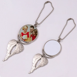 Sublimation angel wing car charm with round blank metal pendant for custom photos