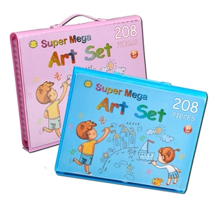 208-piece kids art set in pink and blue portable cases for drawing and painting