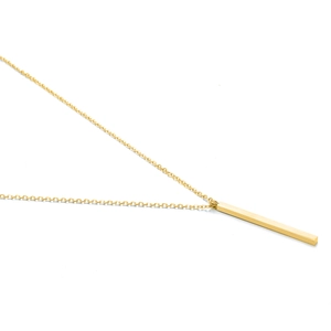 Minimalist gold plated stainless steel necklace featuring a geometric bar pendant on fine chain