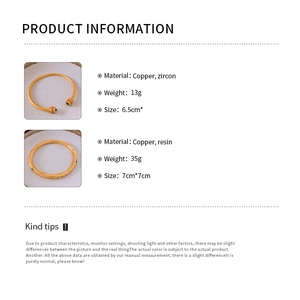 Tableau des tailles et matériaux pour bracelets dorés avec détails en zircon et résine