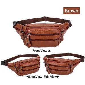 Brown leather waist bag with multiple zipper pockets and adjustable strap shown in three views
