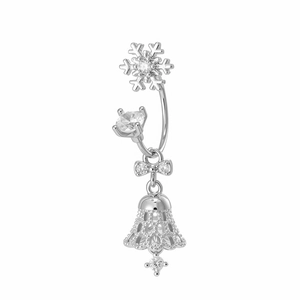 Silver snowflake and hollow bell pendant navel ring with sparkling zircon crystals