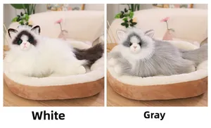 Detailed comparison of realistic plush cats in white and grey colors with pet beds