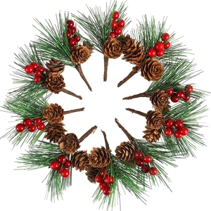 Artificial pine needles with cones and red berries for DIY Christmas wreath decoration