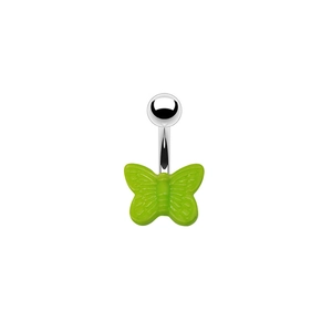 Detailed view of silver curved navel ring with textured green butterfly charm pendant