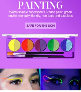 Detail of 10-color UV fluorescent body paint palette with brushes and skin-safe results