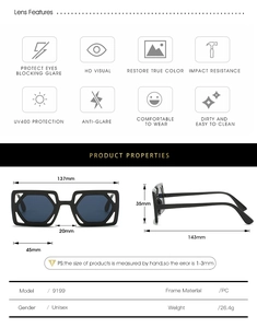 Detailed size chart and UV400 lens features of square hollow-out frame sunglasses