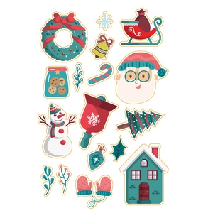 Detailed view of Christmas stickers featuring Santa, snowman, and festive wreath patterns