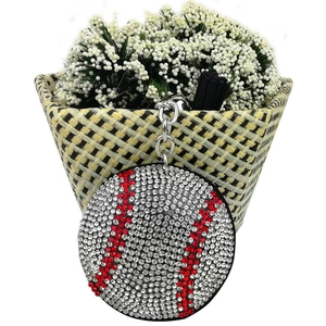 Sparkling rhinestone baseball keychain with red stitching and elegant black tassel
