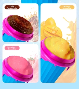Detail showing 500ml slushy maker cup with cola, mango and strawberry flavor results