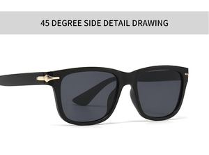 Detail view of round sunglasses with golden arrow metal decoration on the temple hinge