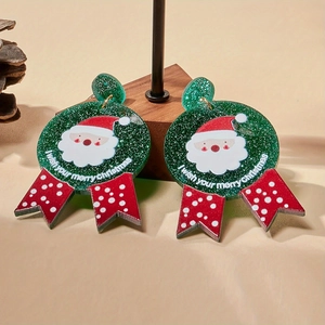 Christmas Santa earrings with green glitter circles and red polka dot ribbon drops