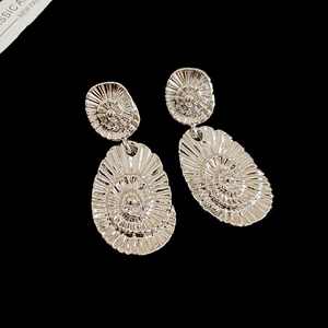 Macro view of silver metal oval earrings featuring detailed spiral textured surfaces