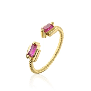 Detail of gold open ring featuring twisted band texture and rectangular rainbow zircons