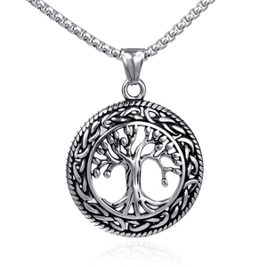 Polished stainless steel Tree of Life pendant with intricate Celtic knot border details