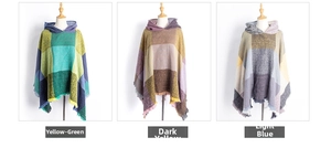 Detailed comparison of hooded plaid ponchos in yellow-green, dark yellow, and light blue