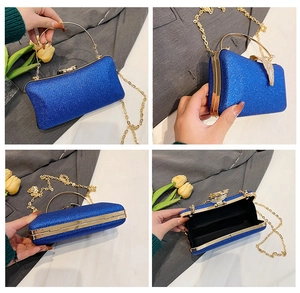Multi-angle view of blue glitter evening bag with gold metal frame and chain strap