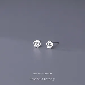 Minimalist S999 sterling silver rose flower stud earrings with hollow design for women