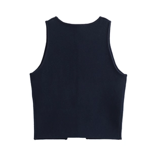 Rear view of slim fit dark blue knitted vest featuring fine needlework texture
