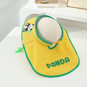 Yellow kids sun visor with panda pattern, green trim and whistle attachment