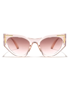 Detailed front view of pink cat eye sunglasses with gold accents and gradient lenses
