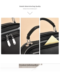 Detail of black lychee leather handbag with double silver zippers and metal hardware