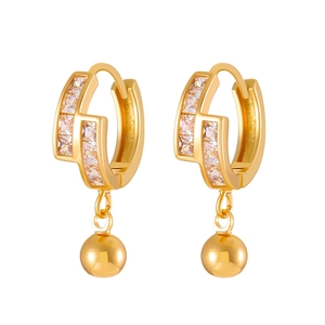 Elegant gold huggie earrings with sparkling zircon crystals and polished metal bead charms