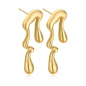 Detailed close-up of golden irregular lava-style stainless steel teardrop earrings