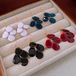 Retro Layered Water Drop Petal Drip Oil Alloy Earrings For Women Elegant Enamel Ear Hooks Fashion Jewelry