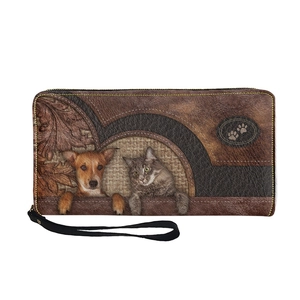 Brown faux leather long wallet featuring realistic cat and dog prints with a wrist strap
