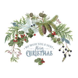 Merry Christmas wall decal with vintage pine branches and pinecones in a semi-circle