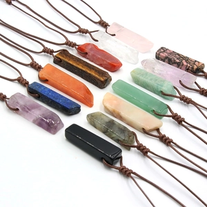 Natural Stone Pendant Necklace For Women Unisex Irregular Bar Healing Crystal Amethyst Tiger Eye Hand Woven Rope Jewelry Gift