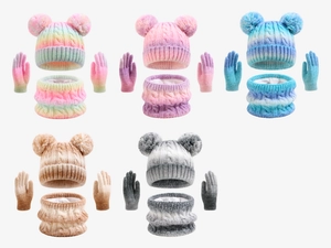 Detailed view of kids knit hat scarf and gloves set in five assorted gradient tie-dye colors