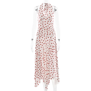 French style white halter neck maxi dress with red polka dots and ruffled hemline